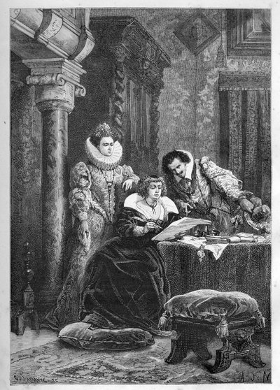 Marie de Medici med sine innflytelsesrike italienske venner og fortrolige Leonora Dori (Dosi) kjent som Galigai (1571-1617) og ektemannen Concino Concini (Conchine) (ca. 1575-1617) - Marie de Medici med sine italienske innflytelsesrike venner og fortrolige av French School