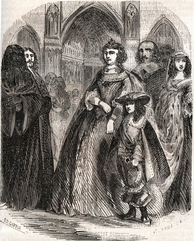 Marie de Medicis (1573-1642), dronning av Frankrike og kongerikets regent med sønnen Louis XIII på vei til Notre-Dame de Paris - i "Histoire de France" av L.-P. Anquetil av French School