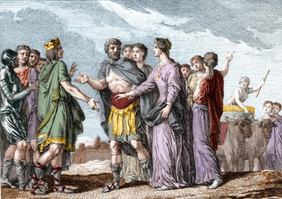 Ekteskap av Clovis 1. (481-511), konge av Frankrike, med Clotilde (Sainte Clotilde, ca. 475-545) (dronning) i 493. Gravering fra 1700-tallet. av French School