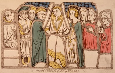Ekteskap mellom Henrik VI av England (1421 - 1471) og Margarita av Anjou (1429 - 1482) i 1445. Gravering fra 1793. Bibl. av Arts Deco i Paris. av French School