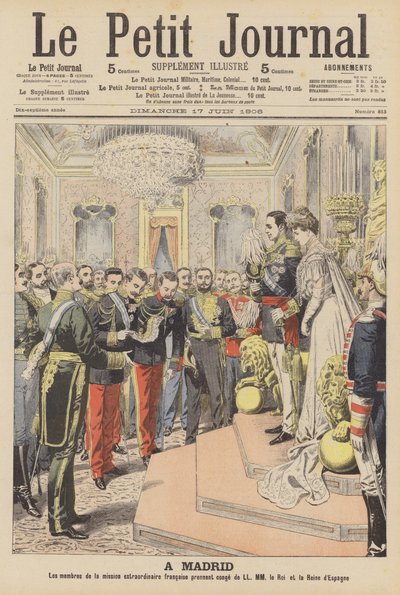 Ekteskap med kong Alfonso XIII av Spania og Victoria Eugenie av Battenberg (farge litho) av French School