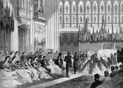 Ekteskap med prins av Wales (1841-1910), fremtidig konge av England Edward VII, med prinsesse Alexandra av Danmark (1844-1925) feiret 10. mars 1863 i Windsor, England. Gravering i "" Le Monde Illustré"" nr. 310 av 21. mars 1863. av French School