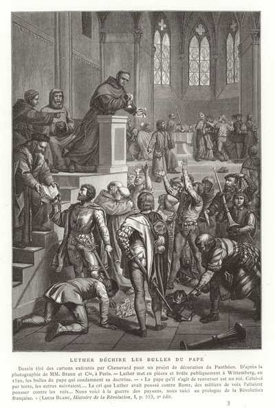 Martin Luther river opp pavelige okser, Wittenberg, Tyskland, 1520 av French School
