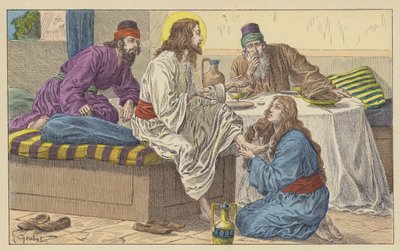 Maria Magdalena ved Jesu føtter (farge litho) av French School