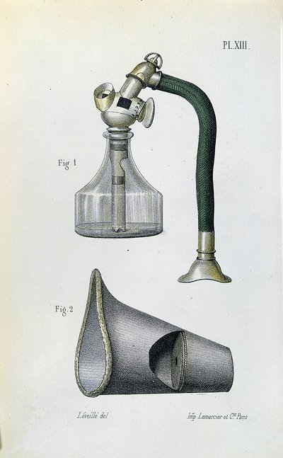 Maske for å administrere eter for å bedøve en pasient, fra en medisinsk manual av Jean-Baptiste-Leon Dubreuil av French School