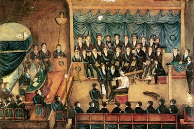 Frimurerinnvielsesseremoni av en mannlig frimurer, tidlig på 1800-tallet (wc på papir) av French School