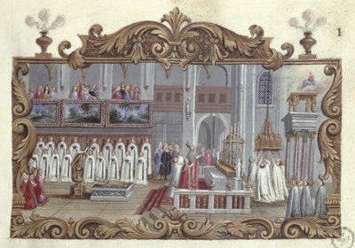 Messe dedikert til St. Genevieve, fra et manuskript, 1709 av French School