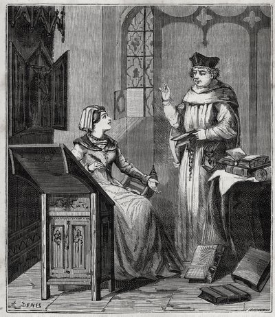 Matthieu Lansbert (Lansberg, Lansbergh, Laensberg eller Laensbergh) (1400-1500-tallet) et sa niese - Gravering i "" Vitenskaper gjort tilgjengelig for alle - fysikk og kjemi"" av Alexis Clerc - Slutten av 1800-tallet - Privat samling av French School