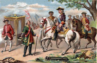 Maurice of Saxony, marechal of Saxony (1696-1750), victorious in the battle of Fontenoy, met Louis XV of France (1710-1774). Chromolithography around 1890. av French School