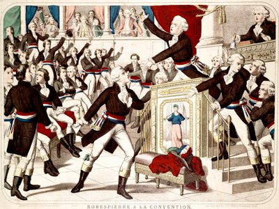 Maximilian Robespierre på konvensjonen (Seance of 19 Thermidor 1794), Jean Lambert (Jean-Lambert) Tallian truer Robespierre med en kniv - Populær gravering av perioden av French School