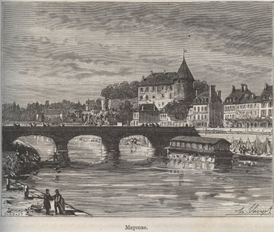 Mayenne er en kommune i Vest-Frankrike i regionen Pays de la Loire - gravering i «La France illustree: geography, history, administration statistique» av V.-A. Malt-brun. 1884 av French School