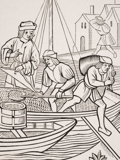 Å måle salt, etter et tresnitt i 'Ordonnances de la Prevoste des Marchands de Paris', 1500, fra 'Le Moyen Age et La Renaissance' av Paul Lacroix (1806-84) utgitt 1847 av French School