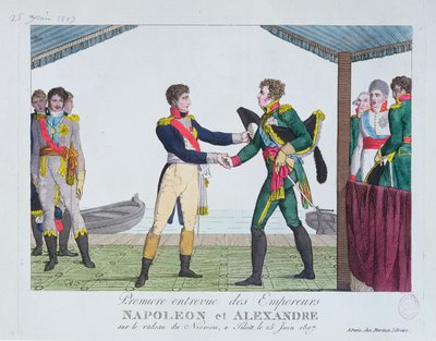 Møte mellom Napoleon I og Alexander I, i Tilsit, 25. juni 1807 av French School