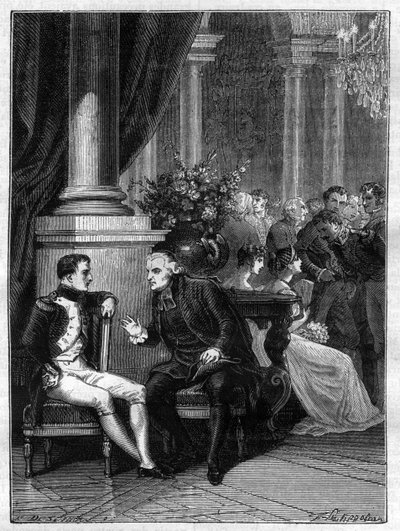 Møte i Genes (Genova) i Italia av Napoleon I med kardinal Jean Siffrein Maury (1746-1817) 1805 - i "History of the empire following the history of the consulat"" av Adolphe Thiers - 1879 - privat samling av French School