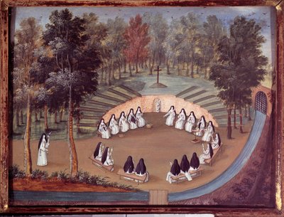 Møte med nonner på Port Royal des Champs (Port Royal des Champs) i en konferanse i ensomhet. Anonymt maleri fra 1700-tallet. Port royal, musee des Granges - Møte med religiøse søstre på "Port Royal des Champs"". Nons 'forsamling av Abbey av French School