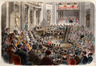 Møte i det franske akademiet 23. april 1868. Mottakelse av Monsieur Jules Favre (1809-1880), fransk politiker. Gravering i "" L'Univers illustrious"" av French School