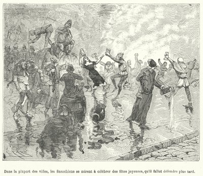 Medlemmer av Basaoche, et laug av advokatfullmektiger, som feirer en festival på gatene i en fransk middelalderby (gravering) av French School
