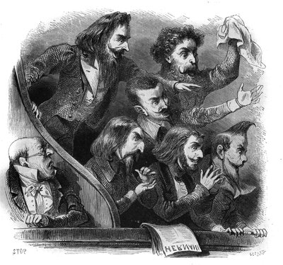 Medlemmer av den romantiske litterære bevegelsen som deltok på den første representasjonen av Victor Hugos stykke "Hernani" (1802-1885) på Comedie Francaise i Paris, 25. februar av French School