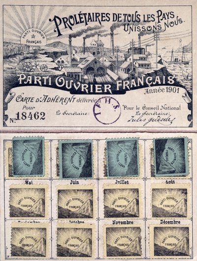 Medlemskort for det franske arbeiderpartiet under ledelse av Jules Guesde (1845-1922) 1901 av French School