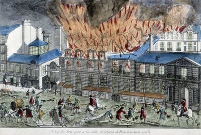Menn som prøver å slukke brannen i Paris-operaen i 1763. av French School