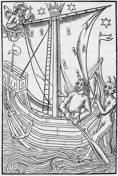 Merchant ship of the Middle Ages amidst the perils of the sea. Engraving In “La Marine et les colonies: commerce” av French School