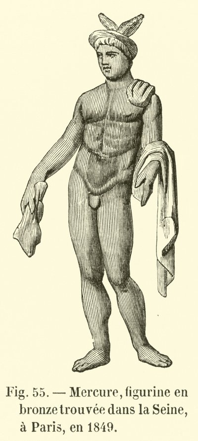 Merkur, bronsefigur funnet i Seinen, Paris, i 1849 (gravering) av French School