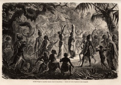 Meriah Pujah eller menneskeoffer, Khondistan (Engelsk-India). Tegning av Fuchs, for å illustrere major John Campbells studie av menneskeofringer i engelsk India av French School