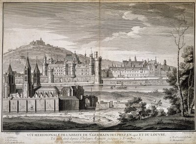 Meridional utsikt over klosteret Saint Germain des Pres og Louvre i 1410 - gravering av French School