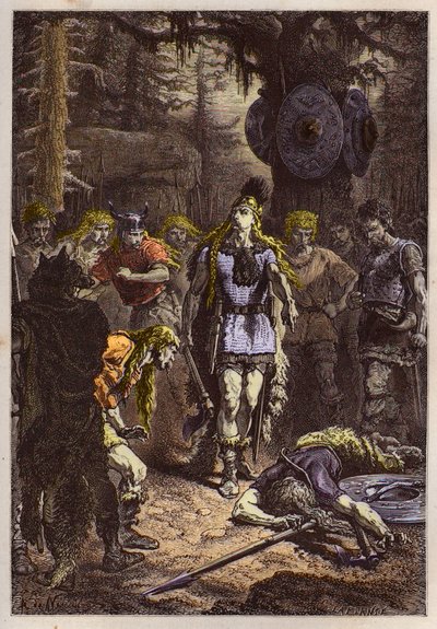 Merovingiens: Clovis 1er skjøt ned soldaten som hadde knust vasen til Soissons, en 486 - Clovis (465-511) og den frankiske krigeren som knuste vasen til Soissons i 486 - gravering fra "" L