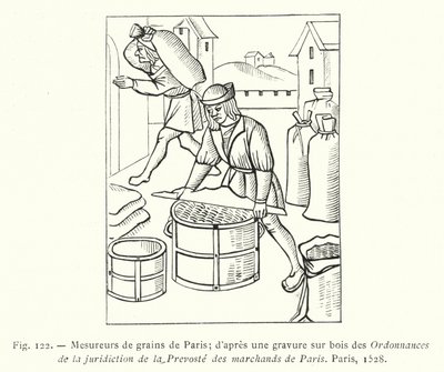 Paris kornmålere; etter et tresnitt fra Ordannances de la Jurisdiction de la Prevoste des Marchands de Paris, Paris av French School