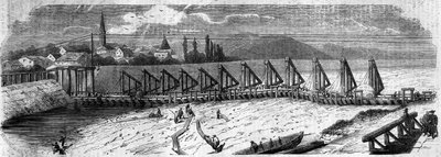 Meteorological phenomene: desiccation of the Rhine in 1858. View of the Kehl Bridge (Germany), taken downstream of the French coast. Engraving in “” Le Monde Illustré”” n°50 of 27 March 1858. av French School