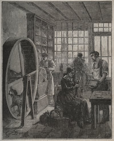 Metier og håndverker: en bestikkbutikk i provinsen på 1800-tallet. Gravering fra 1885 i "" Les arts et metiers illustres"" av Adolphe BITARD. av French School