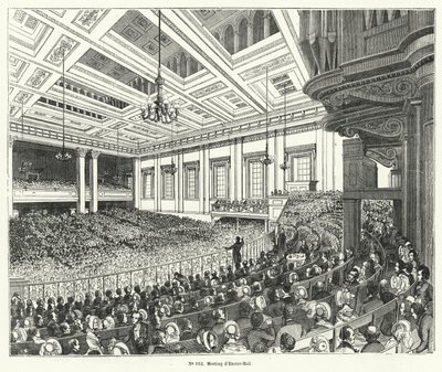 Møte av Anti-Corn Law League i Exeter Hall, London av French School
