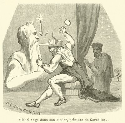 Michelangelo in seinem Atelier (Gravur) von French School