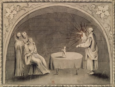 Michel de Nostradame (1503-66) og Catherine de Medici (1519-89) 1559 (penn og blekk og vask på papir) av French School