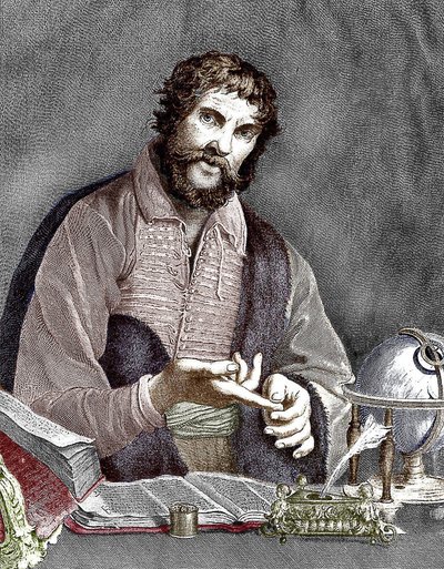 Michel de Nostredame, aka Nostradamus (1503-1566) fransk astrolog og lege, gravering, fargelagt dokument av French School