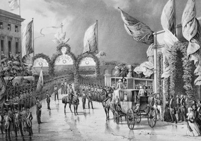 Militær utmerkelse til King a Gosport - Louis Philippe 1st (1773-1850), kongen av franskmennene, Prince Albert (1819-1861) og Victoria (1819-1901), dronning av England på Gosport Station under den offisielle reisen til Louis-Philippe til Storbritannia (184 av French School
