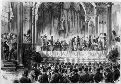 Military recruitment: draw of lots for conscripts of 1858, in the Saint Jean room of the Hotel de Ville in Paris. Engraving in “” Le Monde Illustré”” n°44 of 13 February 1858. av French School