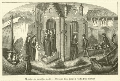 Miniatyr av det femtende århundre, mottakelse av en nybegynner på Hotel-Dieu i Paris (gravering) av French School