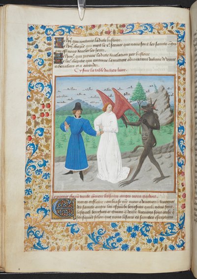 Miniatyr av en mann med en skytsengel og en djevel Sloane MS 3049 f. 27, ca. 1480 (vellum) av French School