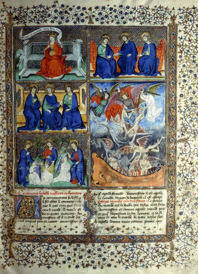 Miniatyr som representerer himmelriket før skapelsen: Sapientia, treenigheten og utdrivelsen av Lucifer fra himmelen, ca. 1410 av French School