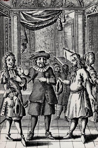 Gjerrig, gravering fra Molieres verk, pseudonym til Jean-Baptiste Poquelin (1622-1673) - Scene de la piece av Moliere L
