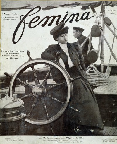 Frøken Mabilleau på broen til yachten "" Louise-Alice""" ved Kiel-regattaen - i "" Femina"" av 01.08.1907 av French School