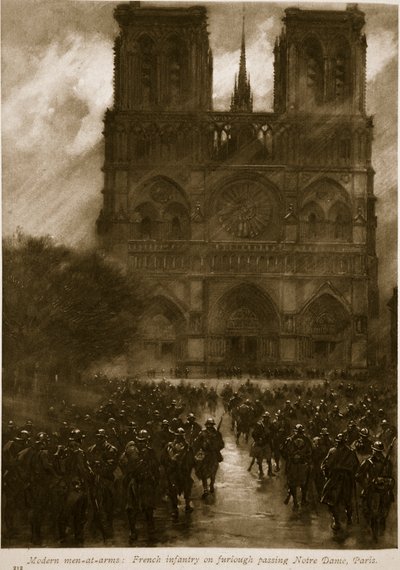 Moderne stridsmenn: Fransk infanteri på permisjon forbi Notre Dame, Paris, 1914-19 av French School