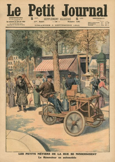 Modernisering av gatejobbene, knivsliperen i bilen hans, illustrasjon fra 