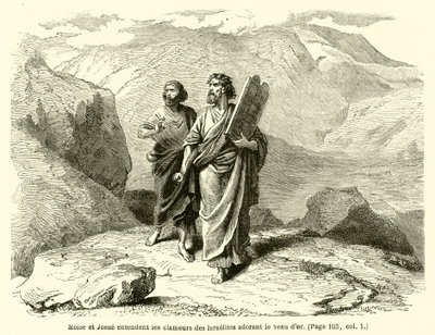Moses og Josva hører ropene fra israelittene som tilber gullkalven (gravering) av French School
