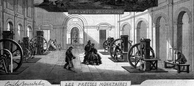 Å tjene penger: handle for pengepresser. Gravering i "" Le Monde Illustré"" nr. 145 av 21. januar 1860. av French School