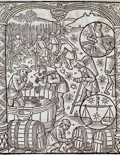 Innhøstingsmåned, med Jomfru og Vekt stjernetegn, Gravering fra Le grand calendrier des bergers, Frankrike av French School