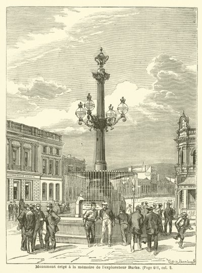 Monument reist til minne om oppdageren Burke (gravering) av French School
