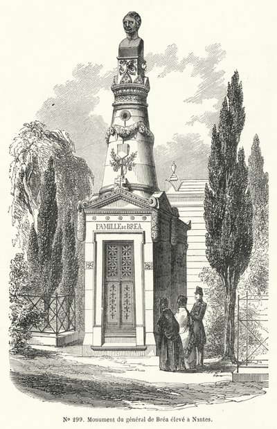 Monument i Nantes til den franske general Jean Baptiste Fidele Brea, henrettet av revolusjonære under junidagens opprør i Paris i 1848 (gravering) av French School